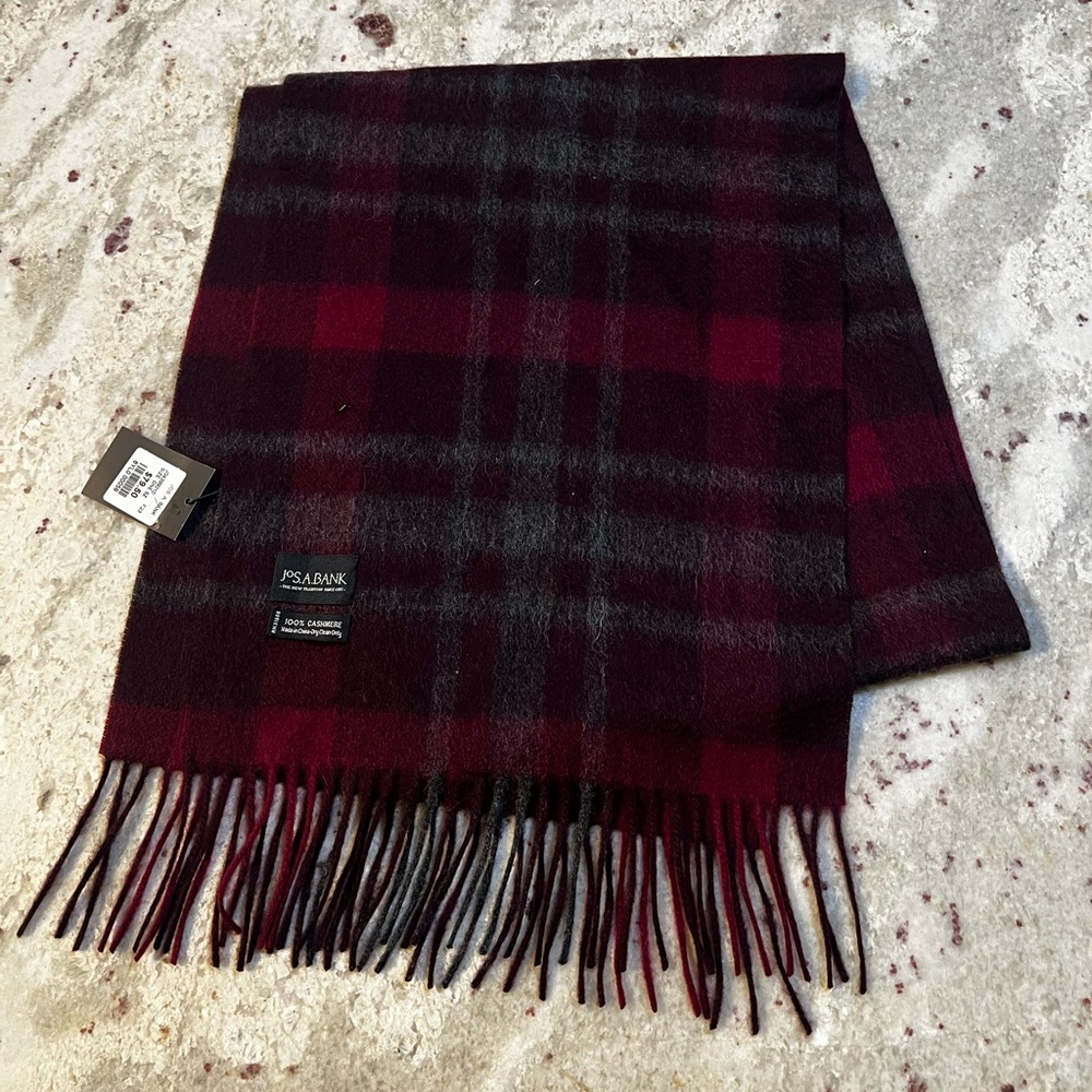 Jos. A. Bank 100% Cashmere Burgundy‎ and Charcoal Plaid Scarf
